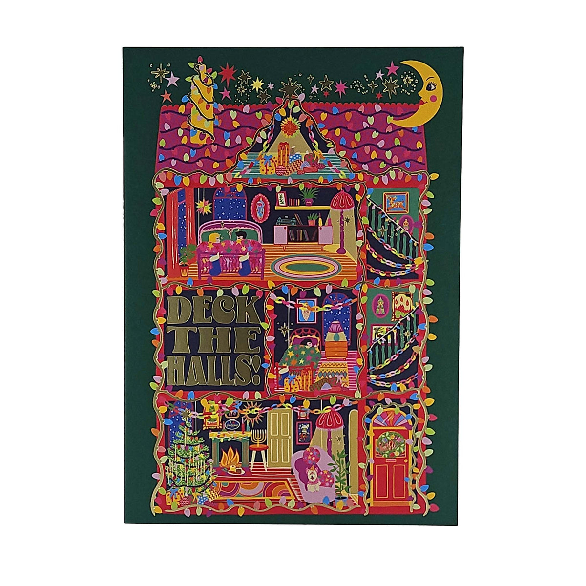 Deck the Halls House Gold Foiled Christmas Card