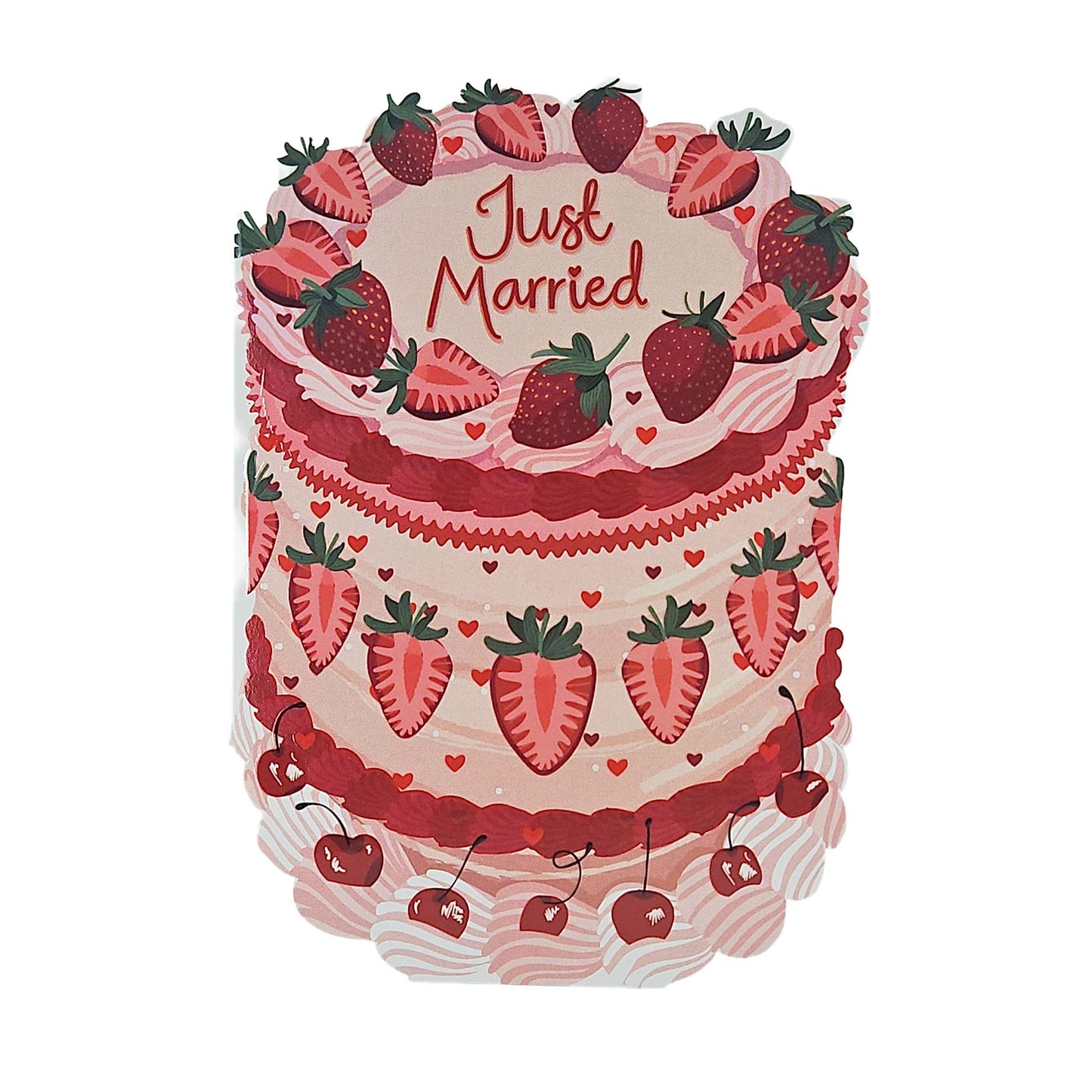 Just Married Strawberries Spot Varnish Cutout Cake Wedding Card