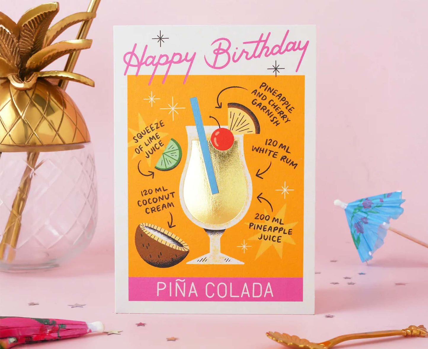 Pina Colada Cocktail Foiled Birthday Card