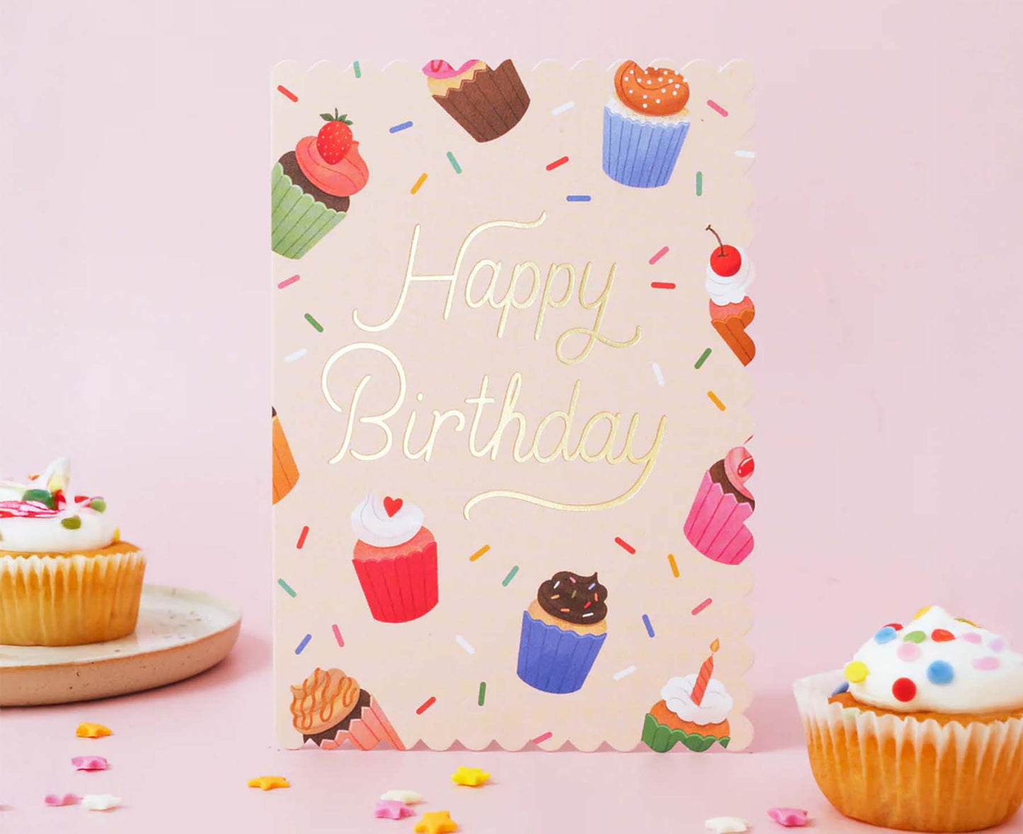 Cupcake Happy Birthday Foiled Scalloped Birthday Card