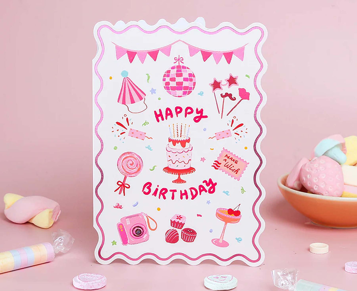 Pink Themed Foiled Scalloped Birthday Card