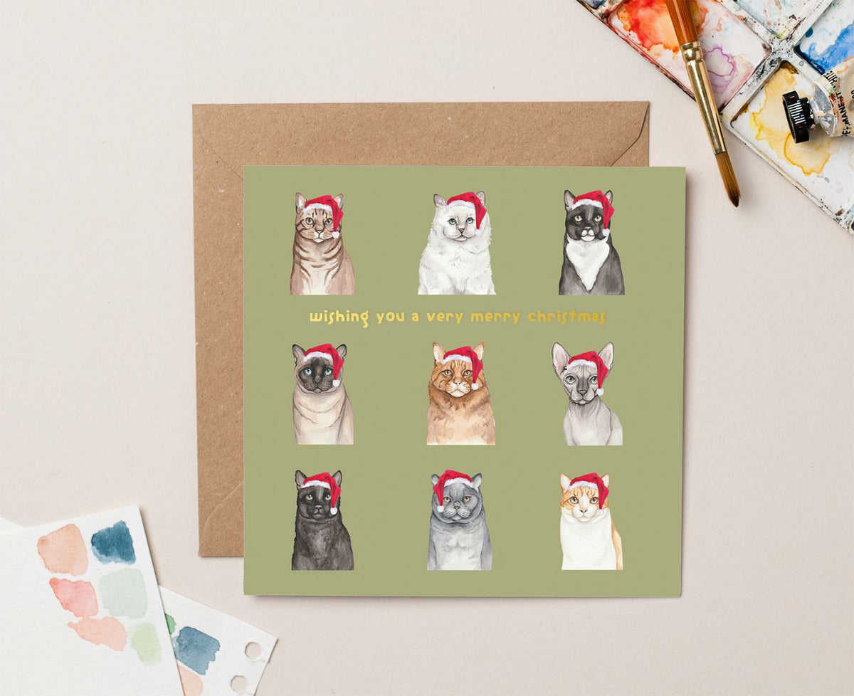 Cats in Christmas Hats Gold Foiled Christmas card