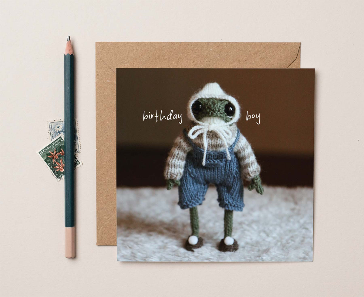 Birthday Boy Knitted Frog Birthday card