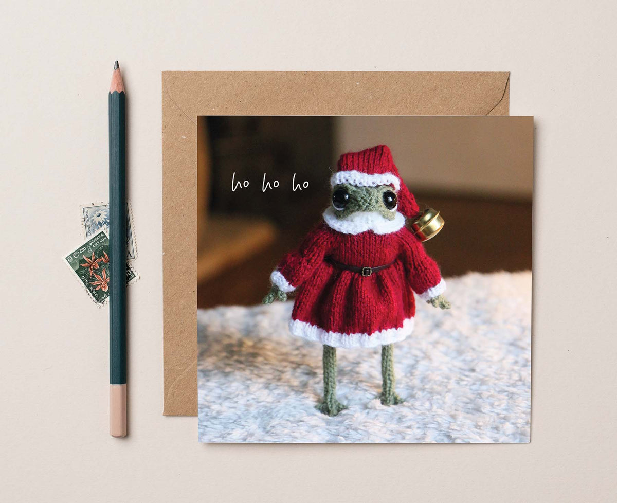 Ho Ho Ho Santa Knitted Frog Christmas card