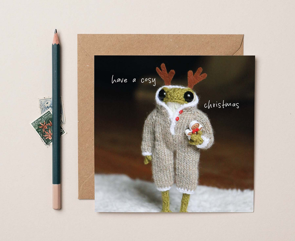 Cosy Christmas Knitted Frog Christmas card