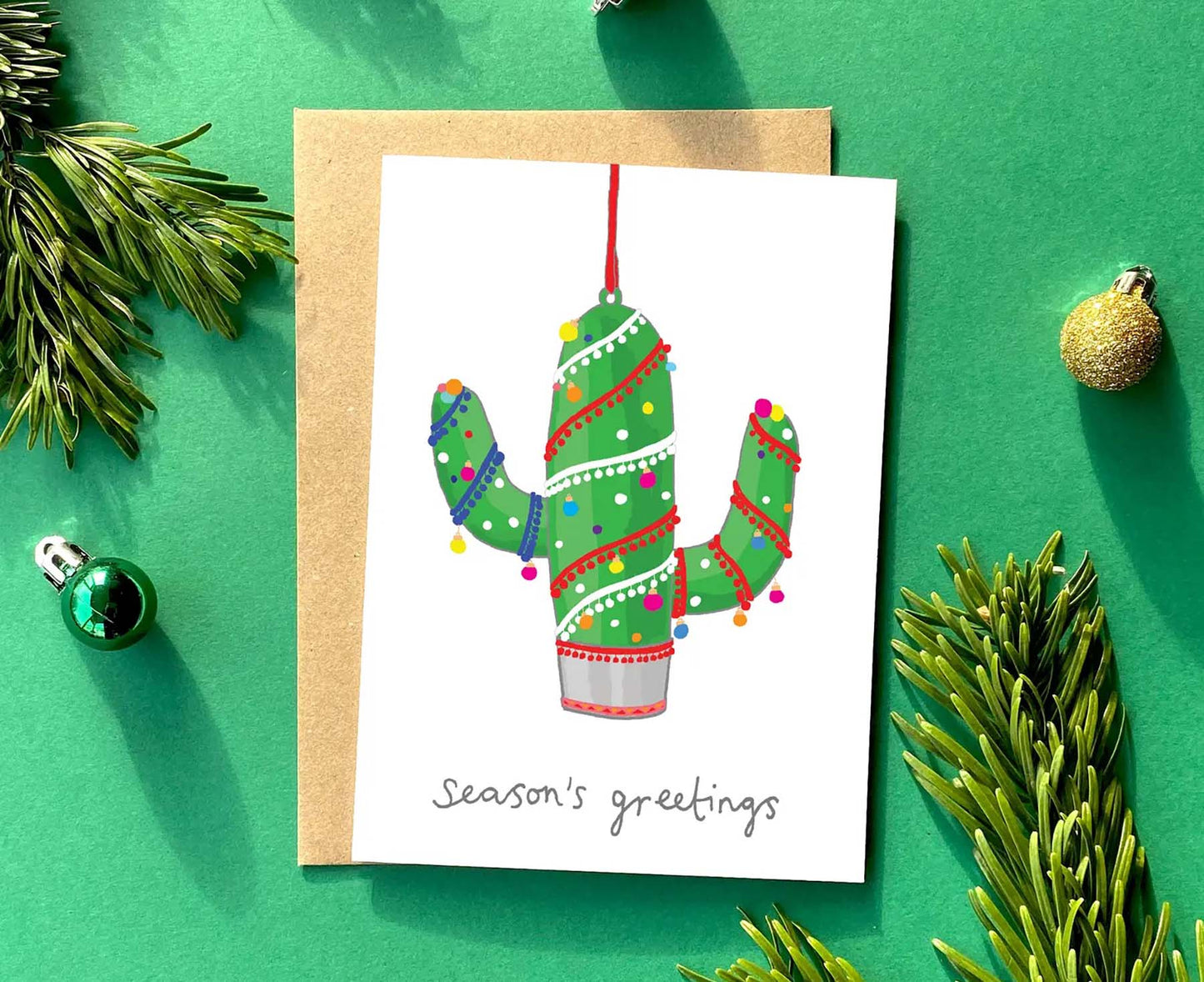 Cactus Bauble Kitsch Christmas Card