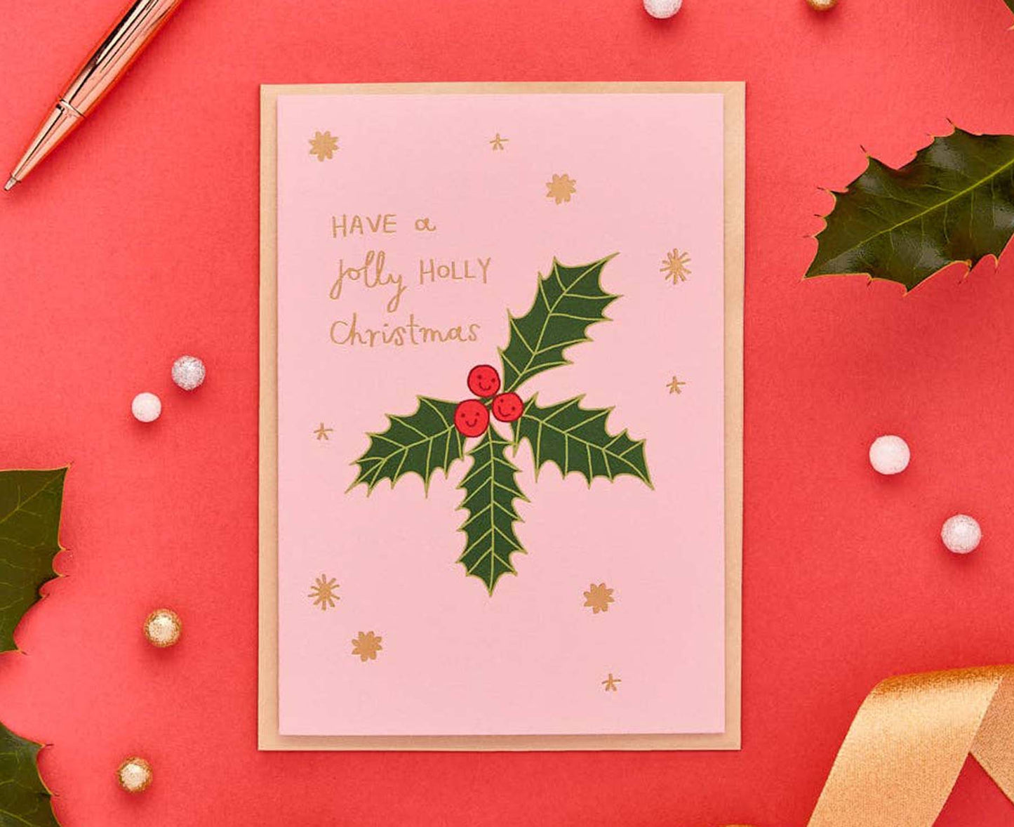Jolly Holly Gold Foiled Christmas Card