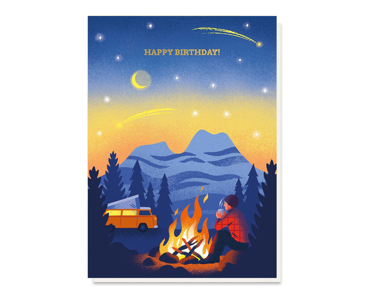 Camper Van Under the Stars Campfire Gold Foiled Birthday Card