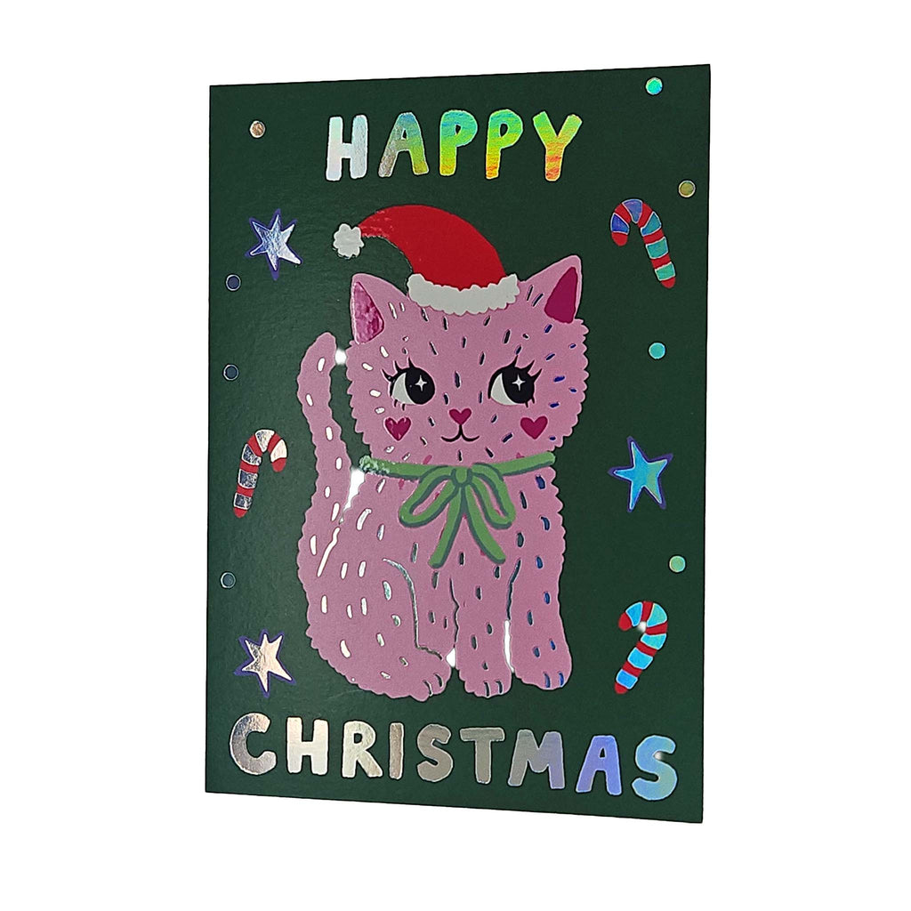 Festive Pink Kitty Cat Christmas Card