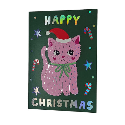 Festive Pink Kitty Cat Christmas Card