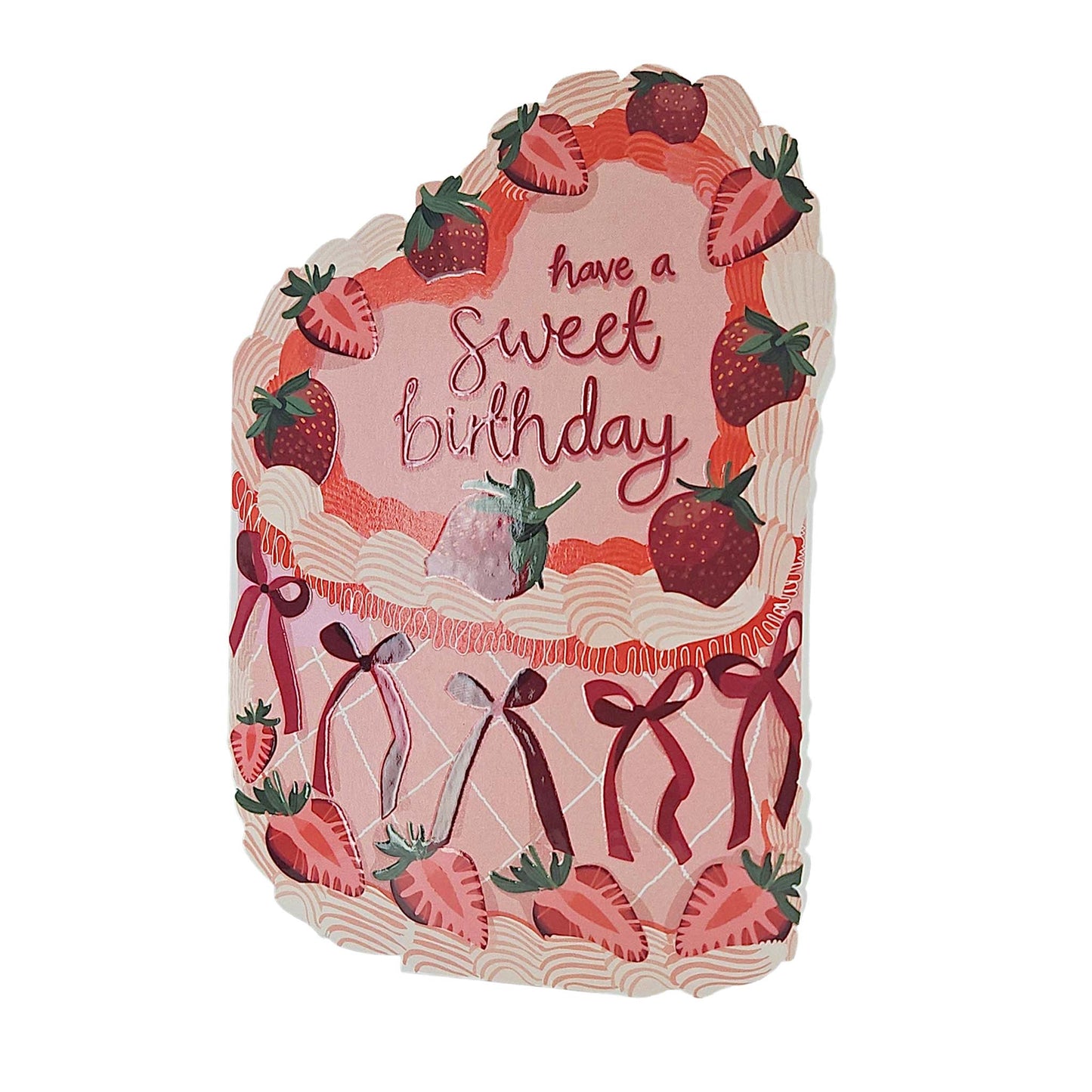 Sweet Birthday Strawberry Spot Varnish Cutout Heart Cake Birthday Card