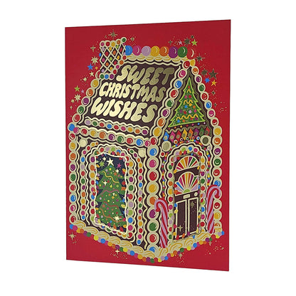 Sweet Christmas Wishes Gingerbread House Gold Foiled Christmas Card