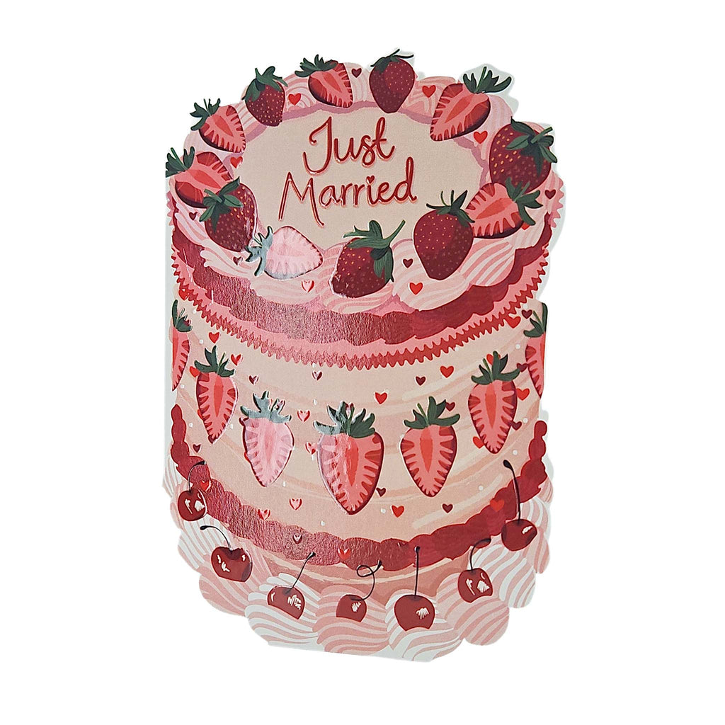 Just Married Strawberries Spot Varnish Cutout Cake Wedding Card