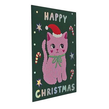 Festive Pink Kitty Cat Christmas Card
