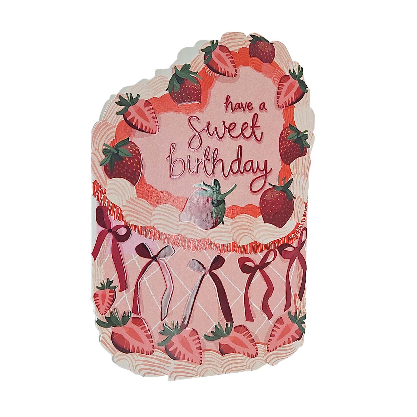 Sweet Birthday Strawberry Spot Varnish Cutout Heart Cake Birthday Card