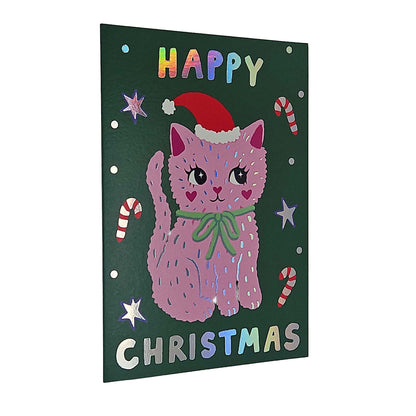Festive Pink Kitty Cat Christmas Card