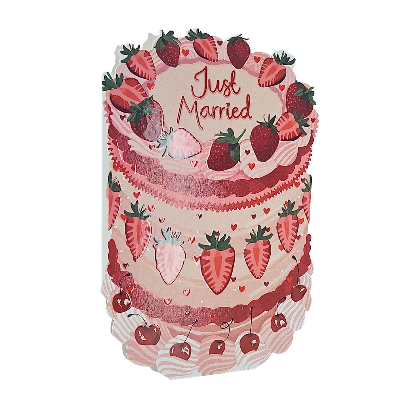 Just Married Strawberries Spot Varnish Cutout Cake Wedding Card