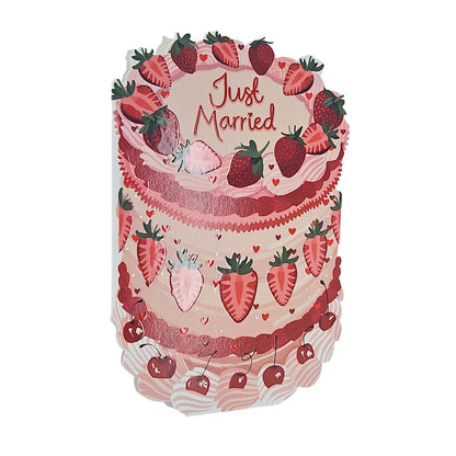 Just Married Strawberries Spot Varnish Cutout Cake Wedding Card