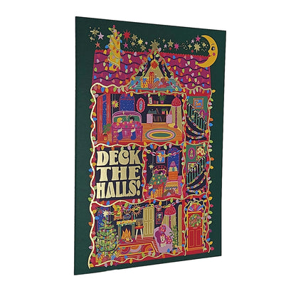 Deck the Halls House Gold Foiled Christmas Card