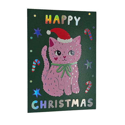 Festive Pink Kitty Cat Christmas Card