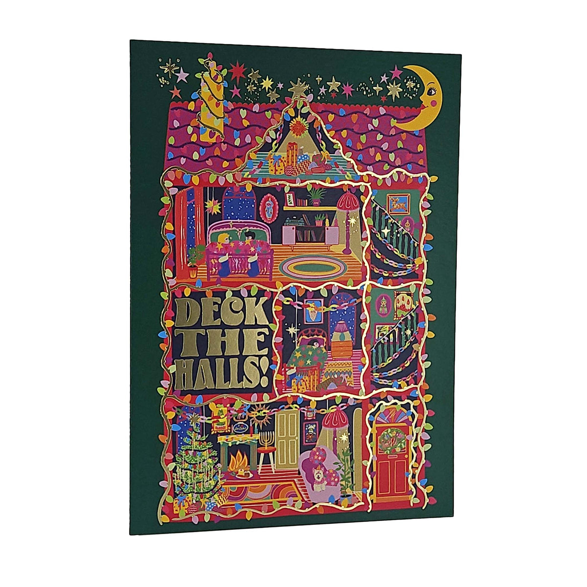 Deck the Halls House Gold Foiled Christmas Card