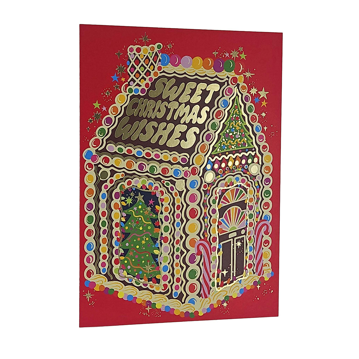 Sweet Christmas Wishes Gingerbread House Gold Foiled Christmas Card