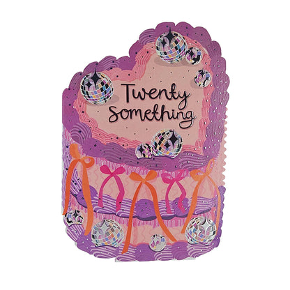 Twenty Something Silver Foiled Cutout Heart Cake Birthday Card