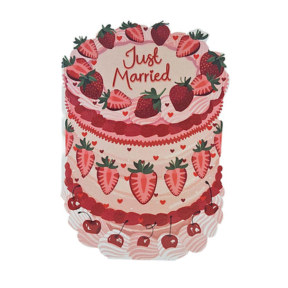 Just Married Strawberries Spot Varnish Cutout Cake Wedding Card