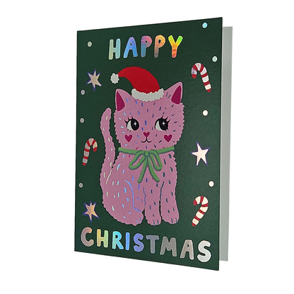 Festive Pink Kitty Cat Christmas Card