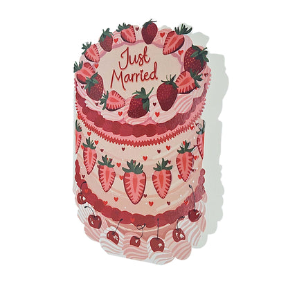 Just Married Strawberries Spot Varnish Cutout Cake Wedding Card
