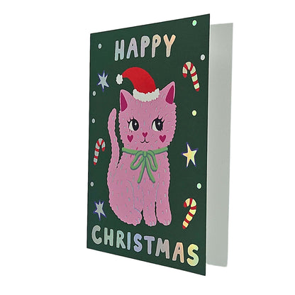 Festive Pink Kitty Cat Christmas Card