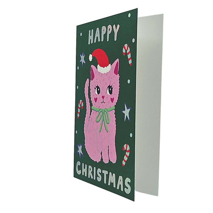 Festive Pink Kitty Cat Christmas Card