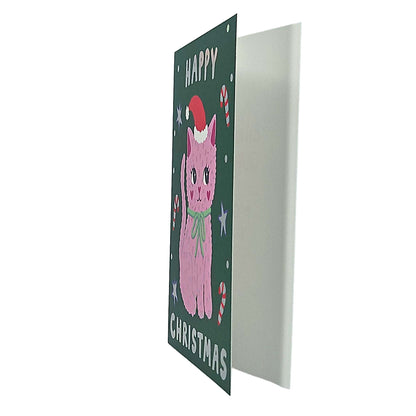 Festive Pink Kitty Cat Christmas Card