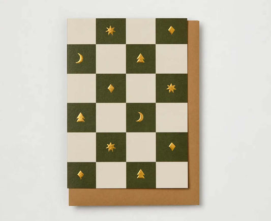 Checkerboard Embossed Gold Icons Christmas Card
