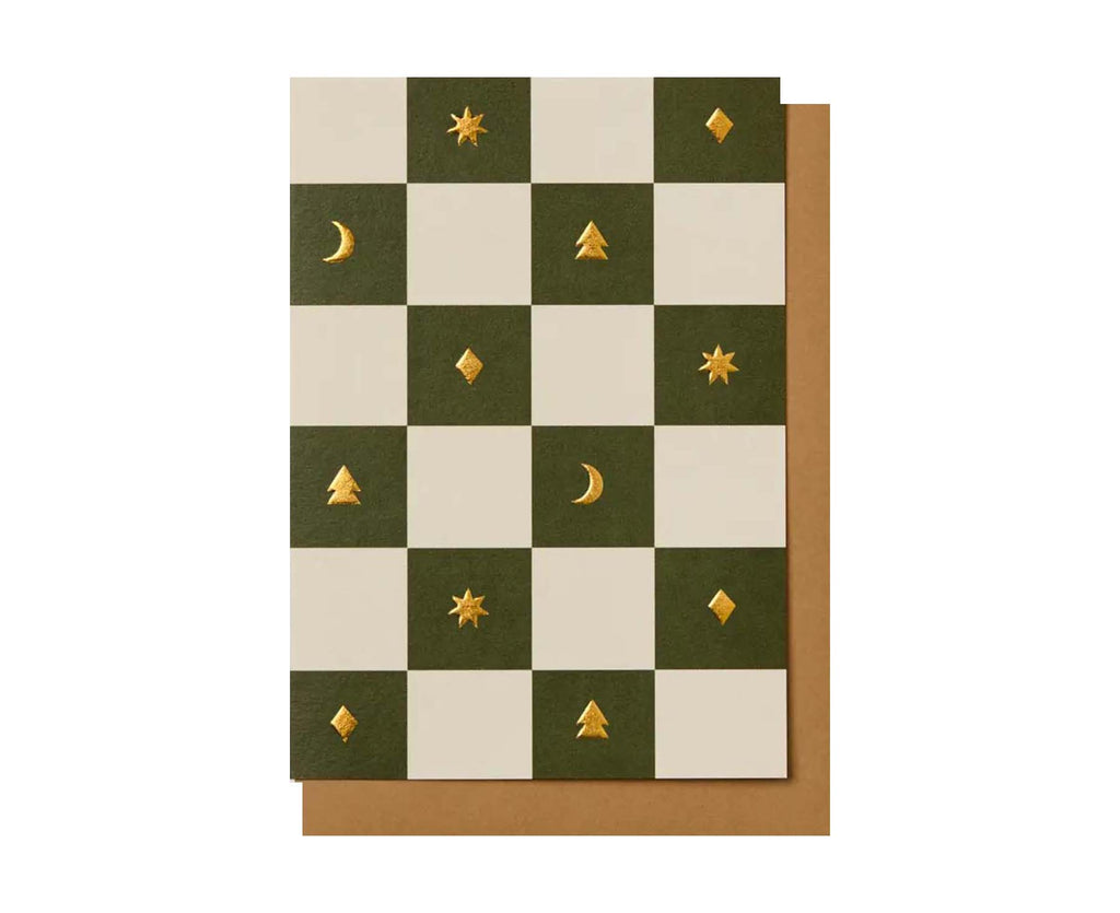 Checkerboard Embossed Gold Icons Christmas Card