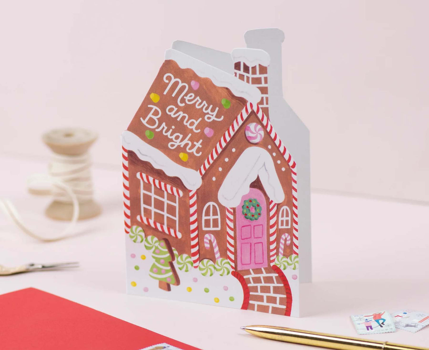 Merry and Bright Gingerbread House Christmas card