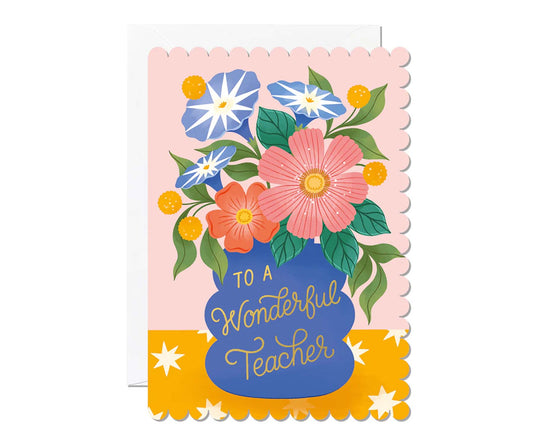 To A Wonderful Teacher Vase & Flowers Gold Foiled Card