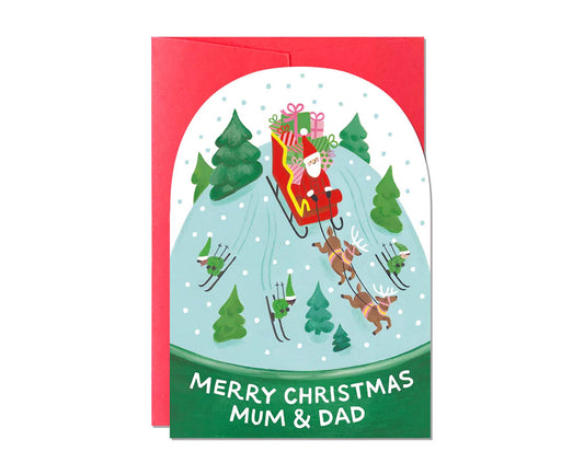 Merry Christmas Mum & Dad Sledging Santa Christmas card