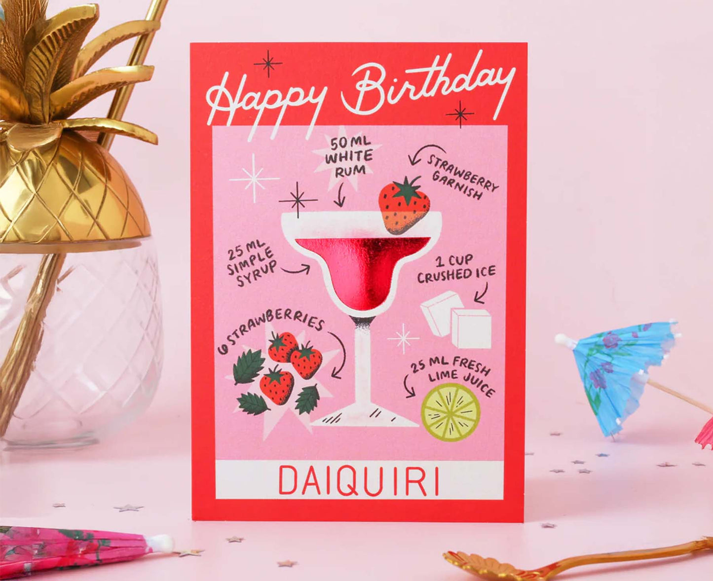 Strawberry Daquiri Cocktail Foiled Birthday Card