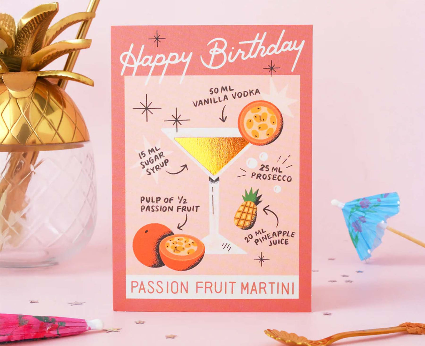 Passion Fruit Martini Cocktail Foiled Birthday Card
