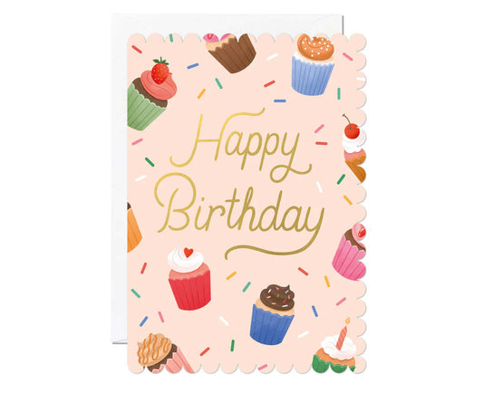 Cupcake Happy Birthday Foiled Scalloped Birthday Card