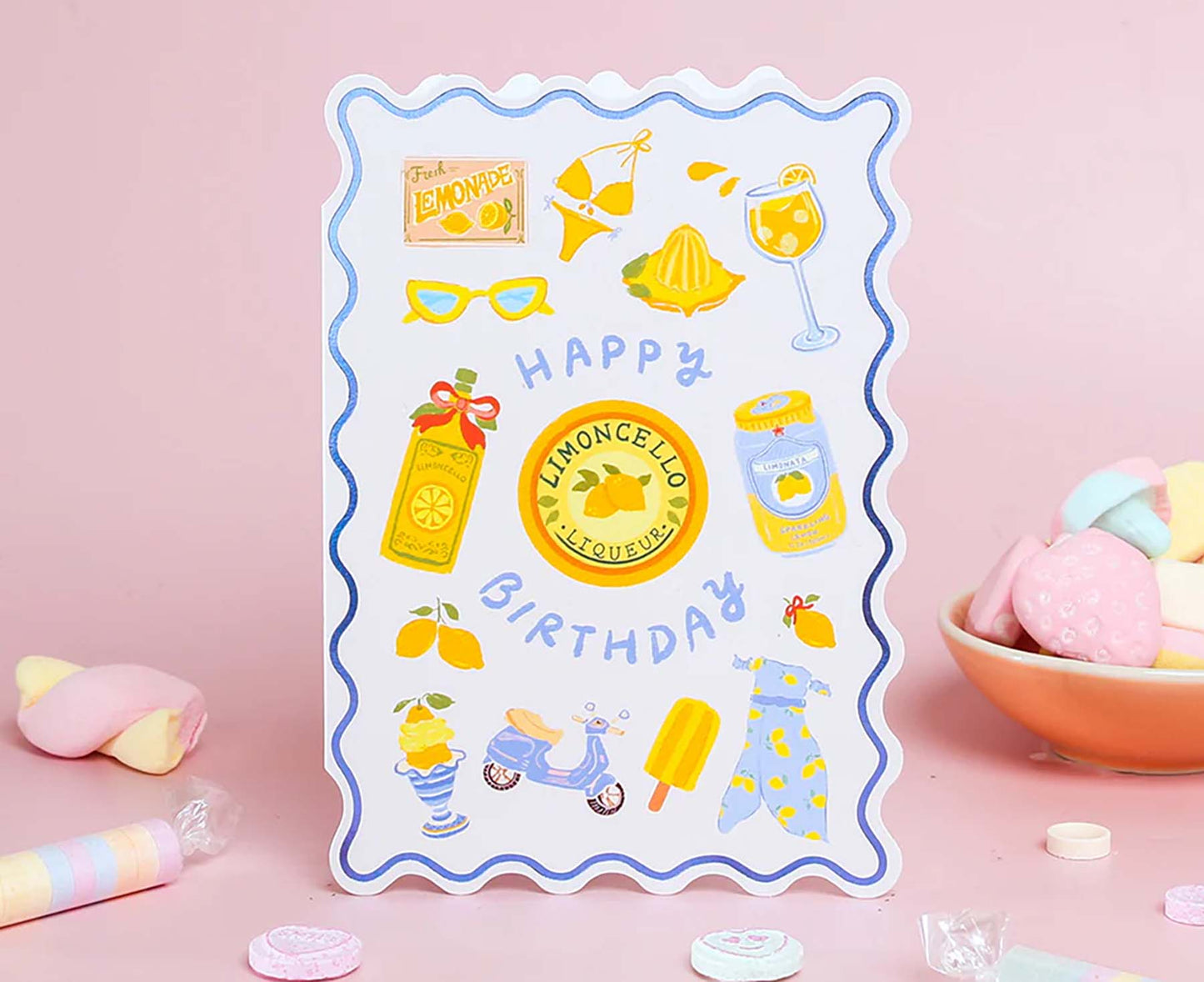 Lemon Yellow Themed Foiled Scalloped Birthday Card