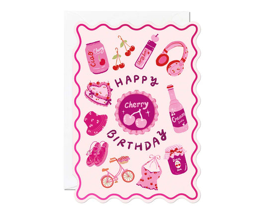 Cherry Pink Themed Foiled Scalloped Birthday Card