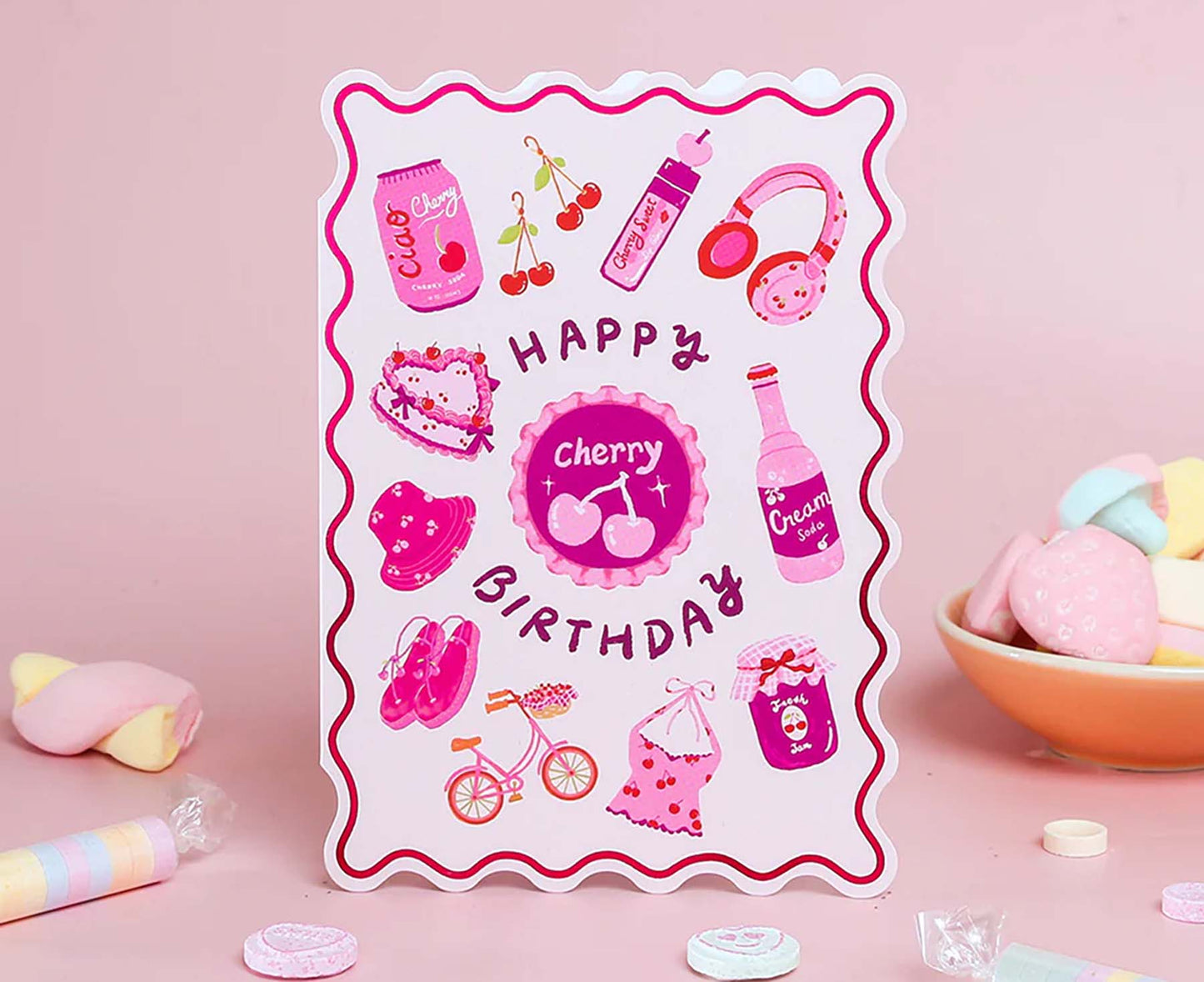 Cherry Pink Themed Foiled Scalloped Birthday Card