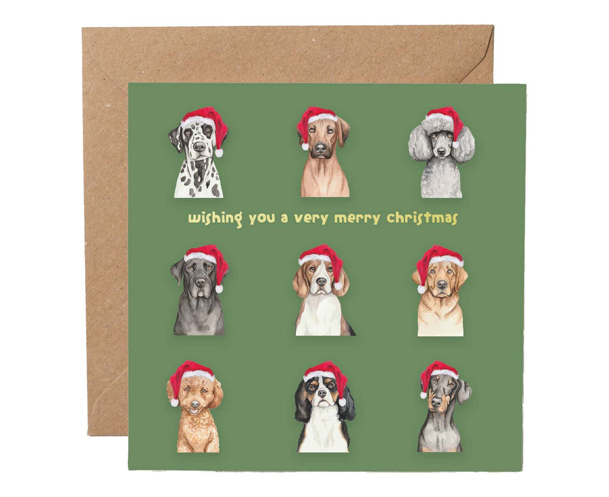 Dogs in Christmas Hats Gold Foiled Christmas card