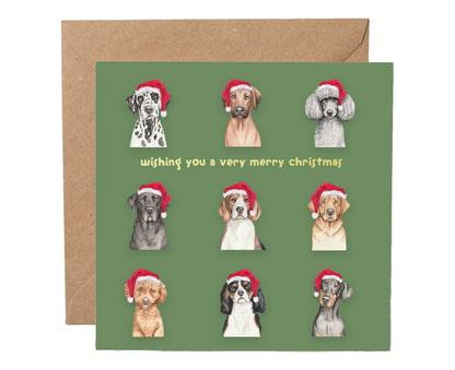 Dogs in Christmas Hats Gold Foiled Christmas card