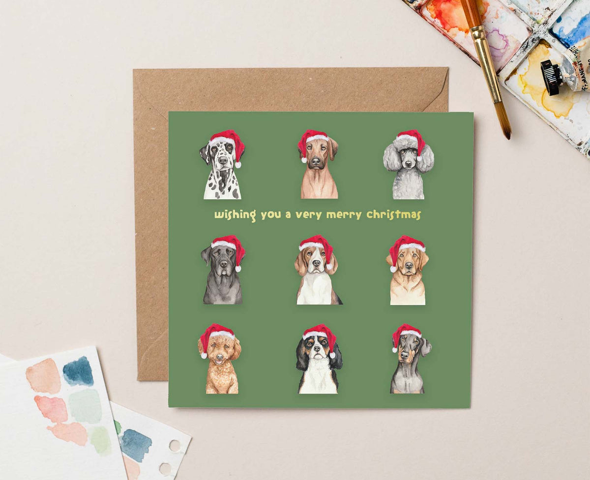 Dogs in Christmas Hats Gold Foiled Christmas card
