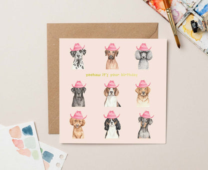 Yeehaw Cowboy Dogs Gold Foiled Birthday Card