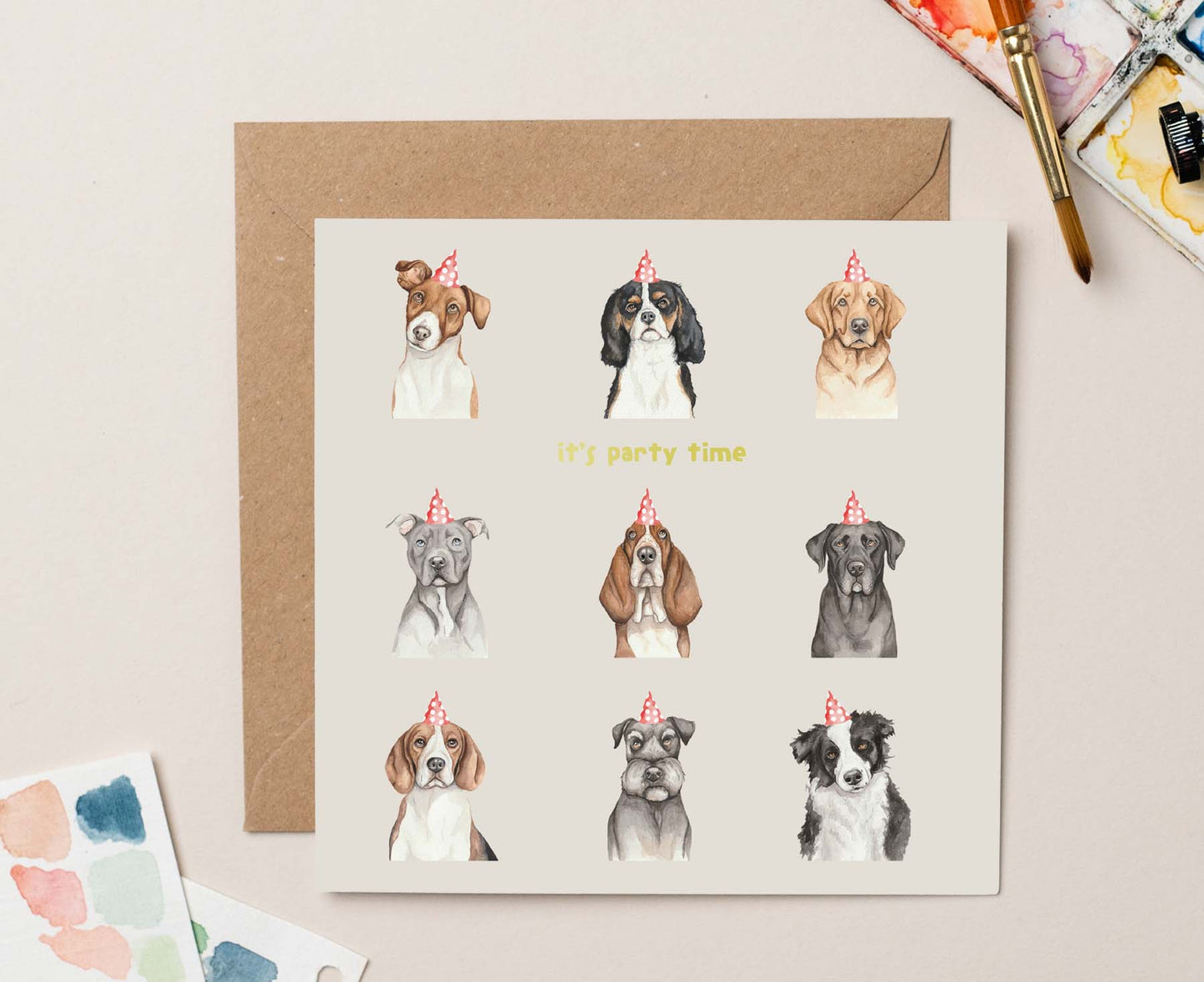 It's Party Time Dogs Gold Foiled Birthday Card