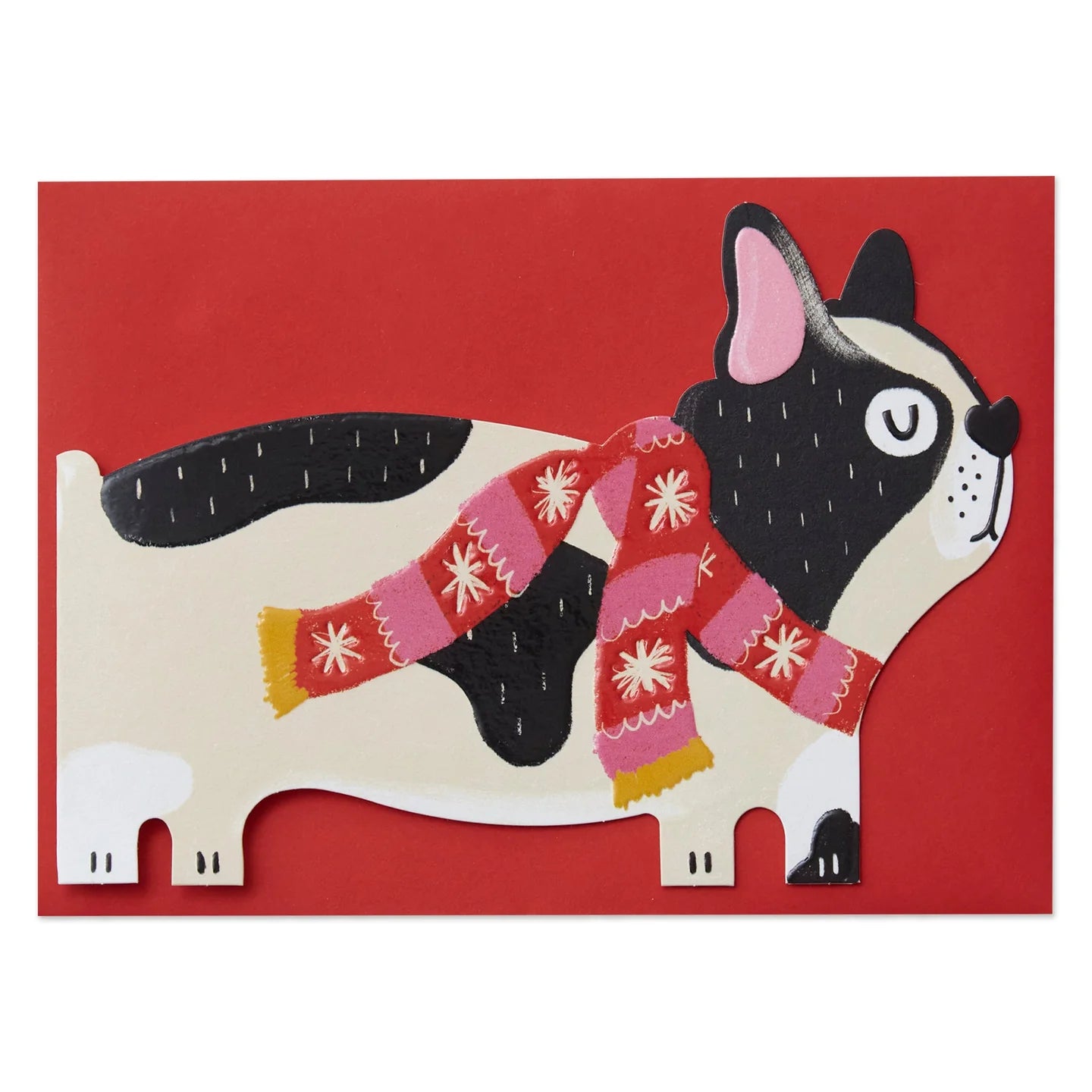 French Bulldog with Festive Scarf shaped Christmas card